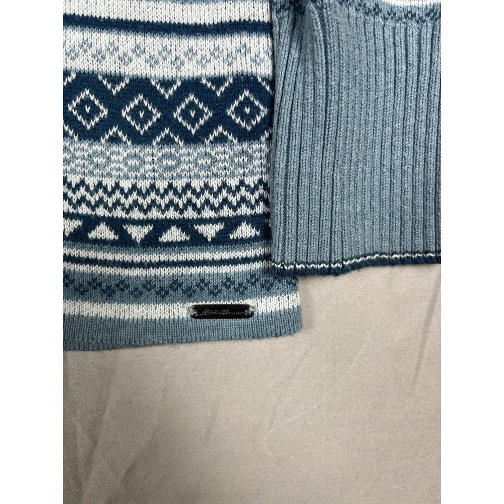 Eddie Bauer Quarter Zip Sweater Mens Medium Blue Nordic Fair Isle Cotton Blend‎